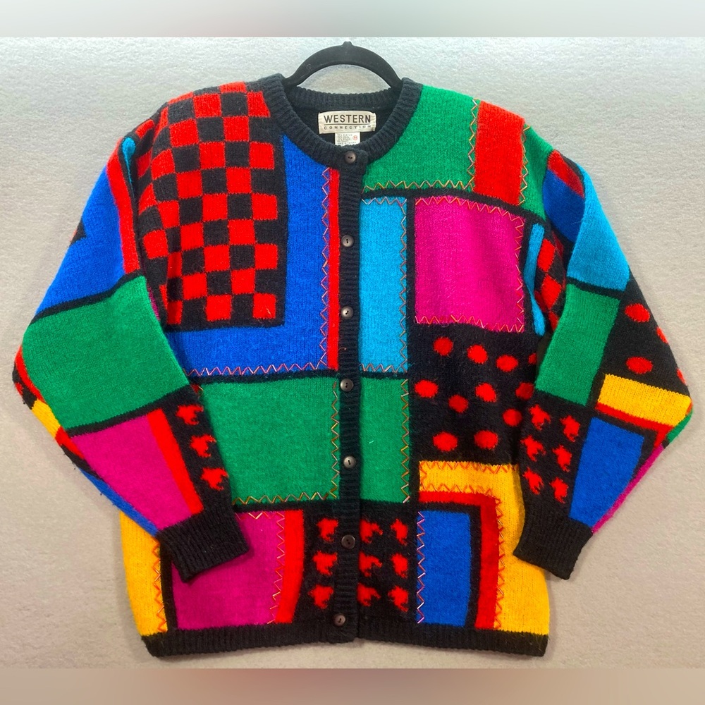 Vintage Western Connection Medium Wool Blend Colorful Stain Glass Style Sweater
